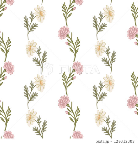 Vertical stripe of carnation and daisy flower seamless pattern. Hand drawn floral pastel design with coquette vintage feel. Great for textile and wallpaper. Perfect for bed linen and kids decor. Vertical stripe of carnation and daisy flower seamless pattern. Hand drawn floral pastel design with coquette vintage feel. Great for textile and wallpaper. Perfect for bed linen and kids decor. 129312305