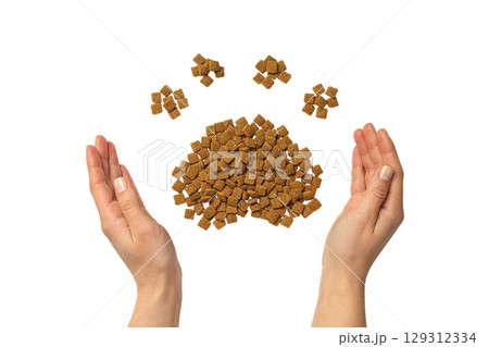 Hands holding pet food shaped like a paw, isolated on white, PNG Hands holding pet food shaped like a paw, isolated on white, PNG 129312334