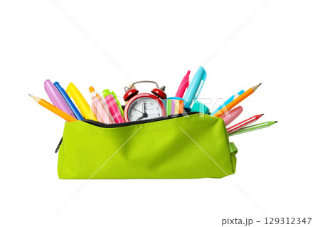 Green pencil case with school supplies, isolated on white, PNG Green pencil case with school supplies, isolated on white, PNG 129312347