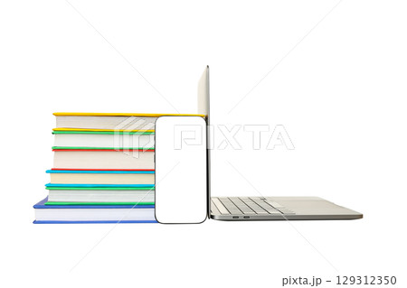 Colorful books by a sleek laptop, isolated on white, PNG 129312350