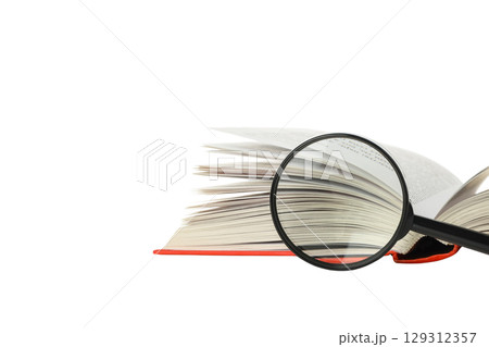 Magnifying glass highlights text in book, isolated on white, PNG Magnifying glass highlights text in book, isolated on white, PNG 129312357