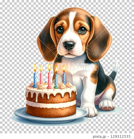 デコレーションケーキとビーグルのイラスト3／チラシやポスター用素材 129312535