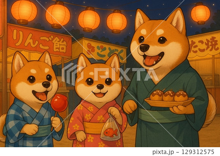 豆柴親子の夏夜市！たこ焼きと金魚でりんご飴で笑顔満開 129312575