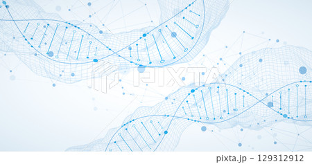 Abstract image of DNA molecule on wireframe wave. Scientific vector background. 129312912