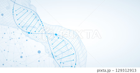 Abstract image of DNA molecule on wireframe wave. Scientific vector background. 129312913