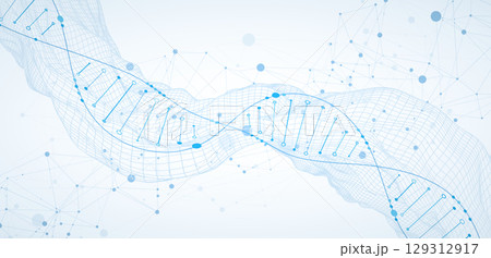 Abstract image of DNA molecule on wireframe wave. Scientific vector background. 129312917
