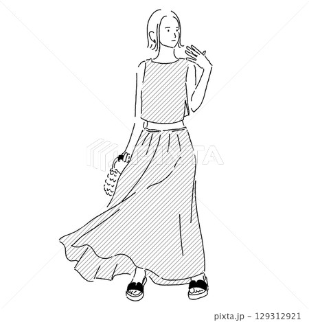ノースリーブトップスとロングスカートの夏コーデの女性・線画イラスト ノースリーブトップスとロングスカートの夏コーデの女性・線画イラスト 129312921