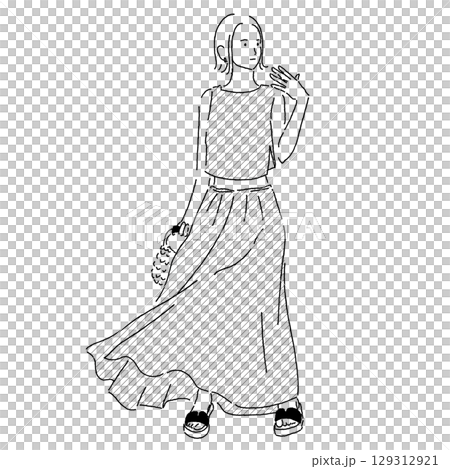 身穿無袖上衣和長裙的夏季服裝的女性的線條畫 129312921