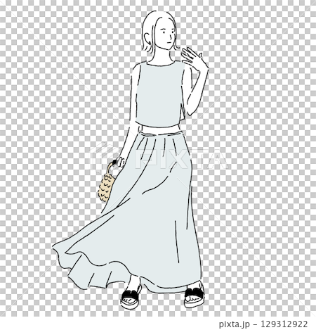 Color fashion illustration of a woman in a summer outfit with a sleeveless top and long skirt 129312922