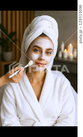 Beautiful young woman in Beauty spa with blue eyes and towel on her head smiles while applying a white cosmetic mask on her face, isolated on a white background.Beauty spa  129313096