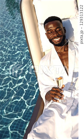 Dark skinned man smiling, sipping champagne while lounging poolside in pristine white bathrobe, embodying tropical resort relaxation and leisure lifestyle 129313122