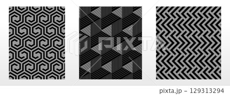 Geometric set of seamless black and gray patterns. Simple vector graphics 129313294