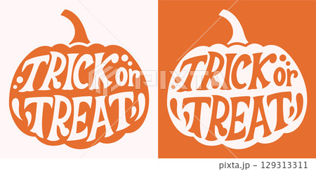 Trick or treat written in pumpkin. Happy Halloween vector lettering. Holiday lettering for banner. Happy Halloween poster, greeting card, party invitation. Trick or treat written in pumpkin. Happy Halloween vector lettering. Holiday lettering for banner. Happy Halloween poster, greeting card, party invitation. 129313311