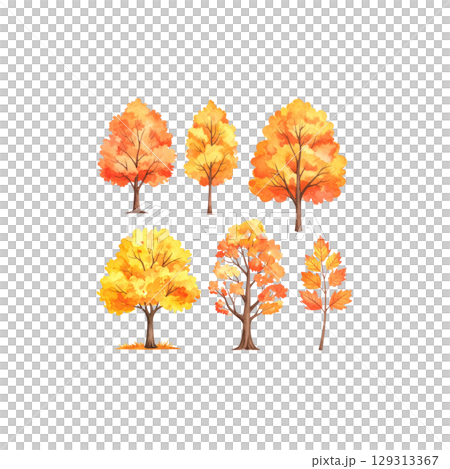 Autumn Trees Collection: Bright Fall Leaves Isolated on White Background 129313367