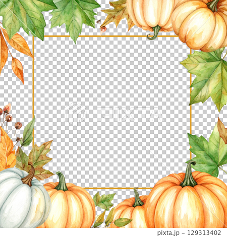 Pumpkin frame and autumn leaves for fall harvest holiday design isolated on white background Pumpkin frame and autumn leaves for fall harvest holiday design isolated on white background 129313402