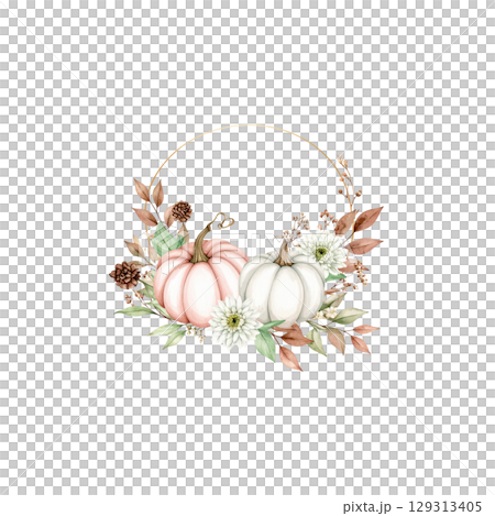 White flowers, pumpkins and autumn leaves create a festive floral frame isolated on a white background 129313405