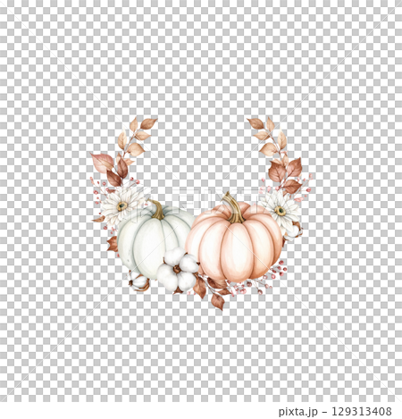 White flowers, pumpkins and autumn leaves create a festive floral frame isolated on a white background 129313408