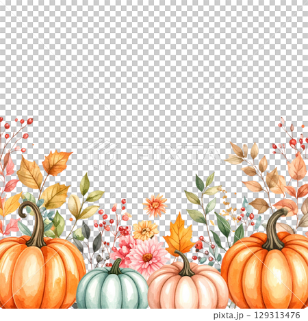 Pumpkin frame and autumn leaves for fall harvest holiday design isolated on white background 129313476