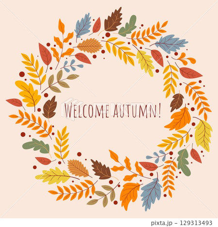Welcome autumn cozy seasonal card with foliate wreath 129313493