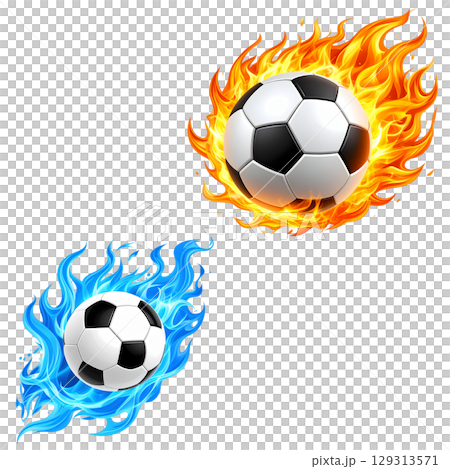 A black and white soccer ball is placed on green grass on a white background. A black and white soccer ball is placed on green grass on a white background. 129313571