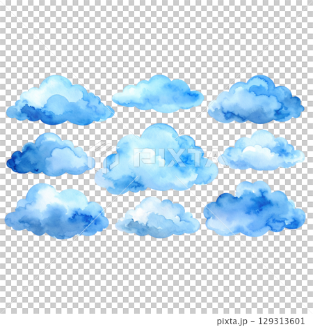 Illustration of fluffy blue sky clouds and seamless pattern of clouds 129313601