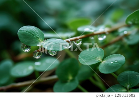 Close-Up of Dew Drops on Green Leaves in Lush Natural Forest Setting 129313602