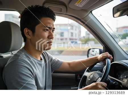 イライラしながら運転する男性ドライバー 129313689