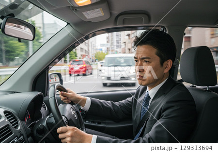 イライラしながら運転する男性ドライバー イライラしながら運転する男性ドライバー 129313694