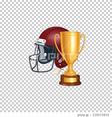 Some golden trophies with soccer balls as symbols of sports victory on white background. 129313835