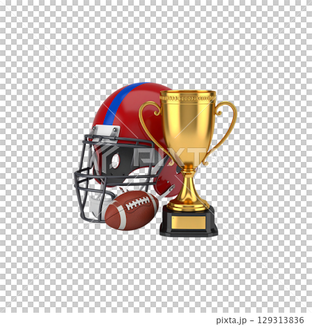 Some golden trophies with soccer balls as symbols of sports victory on white background. 129313836