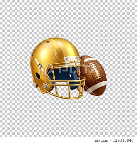 Golden football helmet isolated for sports protection and game competition on white background Golden football helmet isolated for sports protection and game competition on white background 129313840