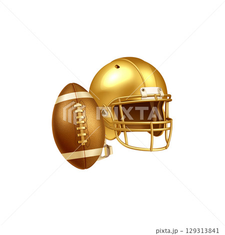 Golden football helmet isolated for sports protection and game competition on white background 129313841