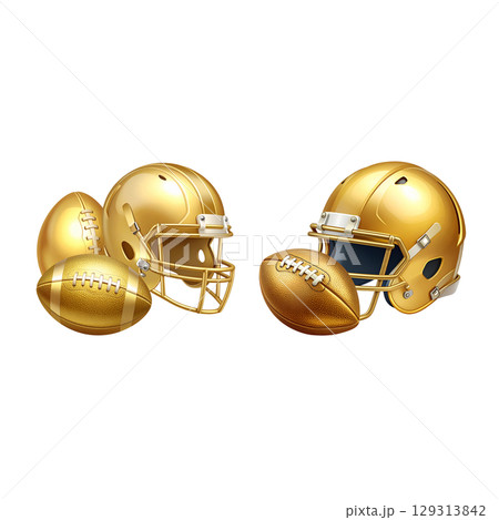 Golden football helmet isolated for sports protection and game competition on white background 129313842