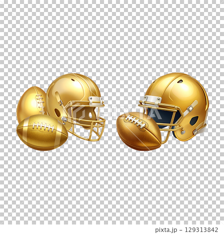 Golden football helmet isolated for sports protection and game competition on white background 129313842