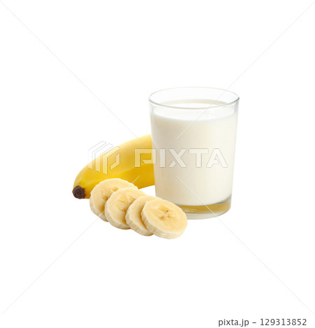 Refreshing milk and fruit drink, a glass of milk with banana on a white background. 129313852