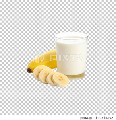 Refreshing milk and fruit drink, a glass of milk with banana on a white background. 129313852