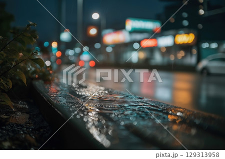 Rain-Drenched Street with Glowing City Lights at Night 129313958
