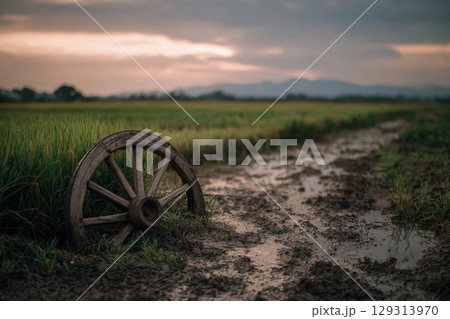 Rustic Wooden Cart Wheel Amidst Lush Green Rice Fields Under Soft Evening Light 129313970