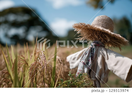 Scarecrow in Wheat Field under Blue Sky with Natural Lighting 129313974