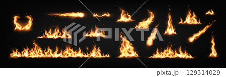 Set of Realistic Fire Flames on Transparent Background 129314029
