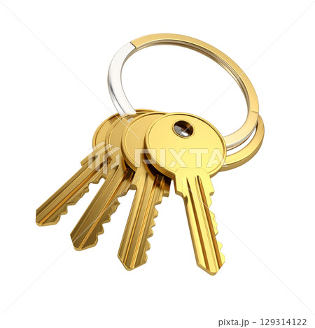 Set of house keys and keys on white background Set of house keys and keys on white background 129314122