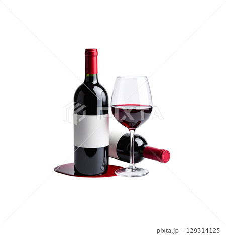 Red wine bottle with blank label and glass isolated on white on white background. Red wine bottle with blank label and glass isolated on white on white background. 129314125