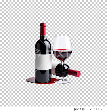 Red wine bottle with blank label and glass isolated on white on white background. Red wine bottle with blank label and glass isolated on white on white background. 129314125