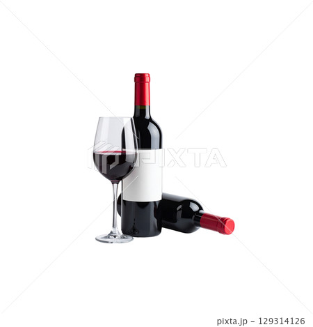 Red wine bottle with blank label and glass isolated on white on white background. 129314126