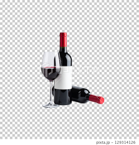 Red wine bottle with blank label and glass isolated on white on white background. 129314126