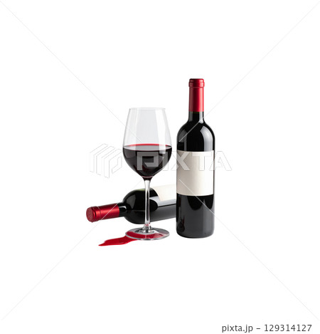 Red wine bottle with blank label and glass isolated on white on white background. Red wine bottle with blank label and glass isolated on white on white background. 129314127