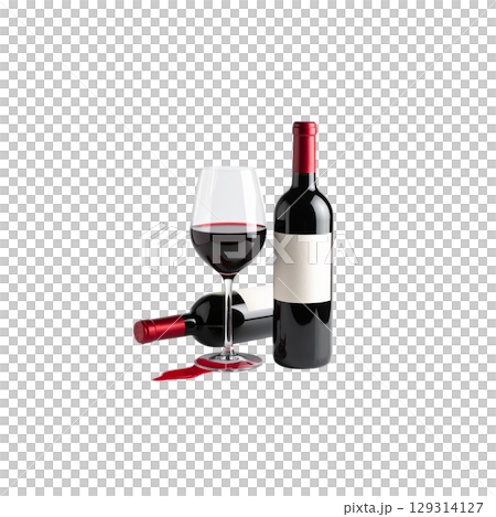 Red wine bottle with blank label and glass isolated on white on white background. 129314127
