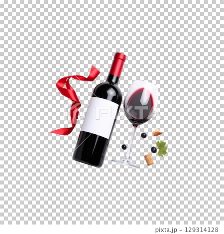 Red wine bottle with blank label and glass isolated on white on white background. Red wine bottle with blank label and glass isolated on white on white background. 129314128