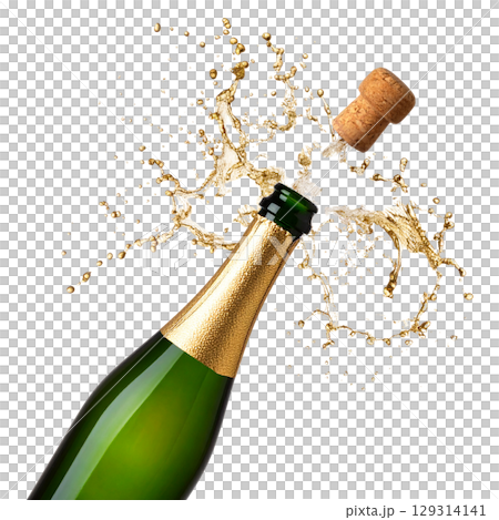 Isolated champagne bottle with cork, glass and bubbles for New Year celebration on white background. 129314141