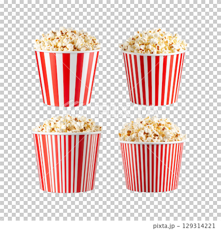 With buttered popcorn isolated in red and white striped bucket on white background. 129314221
